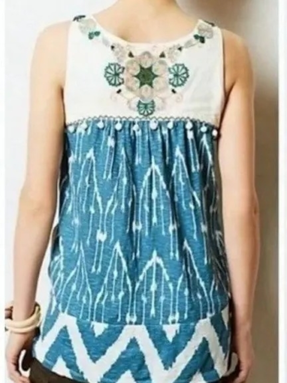 Boho Embroidered Sleeveless Tank Top in Teal & Cream